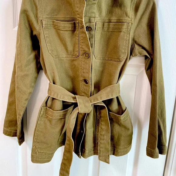 Olive green denim utility jacket with tie belt - Picture 2 of 2